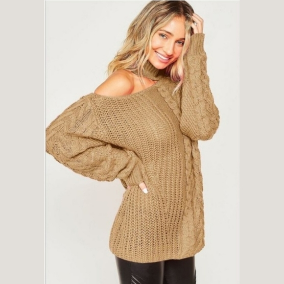 Glam Girl Fashion Sweaters - NWT One Shoulder Mock Neck Cable Knit Sweater in Tan, S